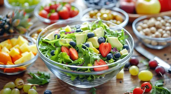 Kolorowa sałatka z awokado, truskawkami i borówkami. Idealna na dietę bezresztkową jadłospis.