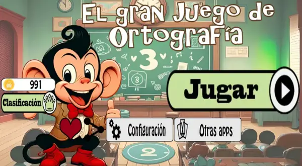 Mono sonriente en un aula, listo para jugar "El gran Juego de Ortografía". Botón "Jugar" y opciones de configuración.