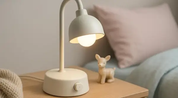Urocza lampka nocna dla dzieci, która rozświetli pokój malucha. Obok niej stoi mały, ceramiczny jelonek.