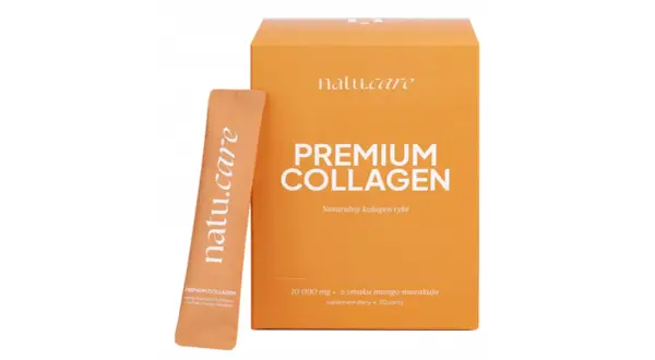 Opakowanie i saszetka z napisem "PREMIUM COLLAGEN" i "Naturalny kolagen rybi" o smaku mango-marakui.
