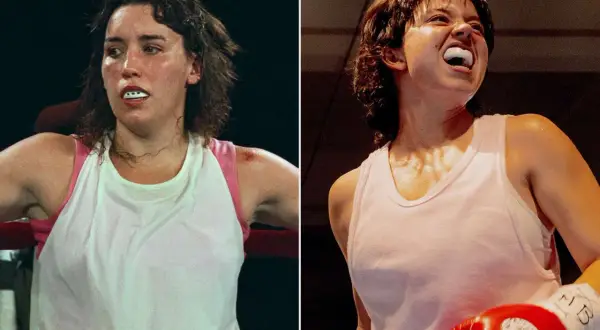 Two images of a determined female boxer, one in a white tank with pink trim, the other in a pink tank, both wearing mouthguards and showing sweat.