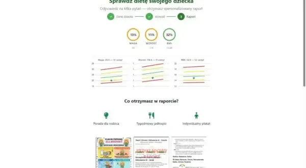 Raport z analizą wagi, wzrostu i BMI dziecka. Wyniki wskazują, że waga jest na 13. centylu, wzrost na 11. centylu, a BMI na 32. centylu.
