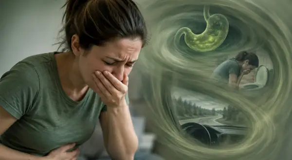 Donna soffre di bruciore di stomaco e nausea. Immagini di uno stomaco, vomito e guida suggeriscono reflusso e la ricerca di rimedi rapidi.