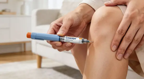 Osoba wykonuje zastrzyk z Cosentyx 60 mg, który pomaga w leczeniu chorób autoimmunologicznych.