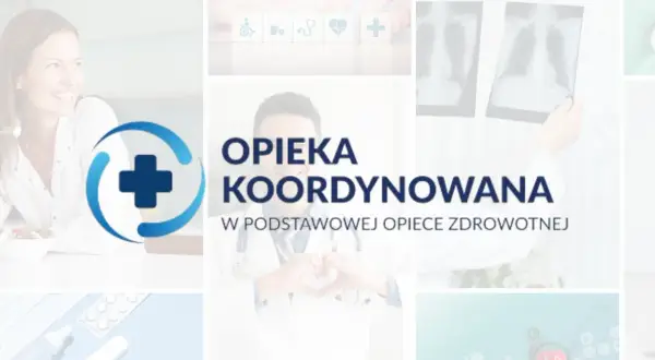 Lekarz tworzy serce z dłoni, symbolizując troskę. Napis "Opieka koordynowana" podkreśla holistyczne podejście do pacjenta.