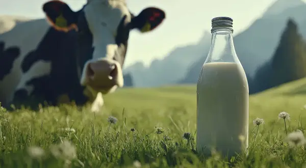 Eine Kuh auf einer grünen Wiese, im Vordergrund eine Flasche Milch. Das ist die Essenz von Rohmilch – frisch und unverarbeitet, direkt vom Bauernhof.