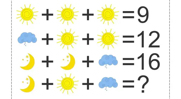 Matematyczne łamigłówki z słońcem, chmurką i księżycem dla dzieci.