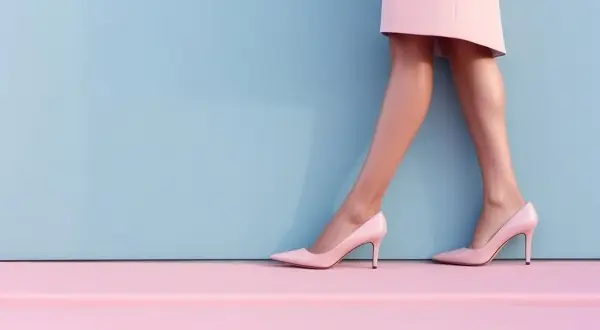 Nogi w różowych szpilkach na tle błękitnej ściany. Visone jaki to kolor? Delikatny, pastelowy róż.
