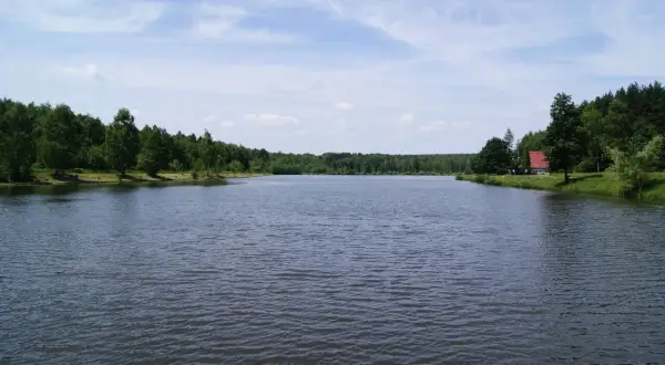 Spokojna tafla jeziora, otoczona zielenią lasów, z małym czerwonym domkiem na brzegu. Wesoła fala Mysłowice zaprasza do odpoczynku.