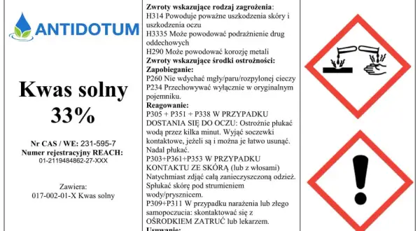 Etykieta ostrzegawcza dla kwasu solnego 33%, zawierająca piktogramy zagrożenia i instrukcje dotyczące bezpieczeństwa.