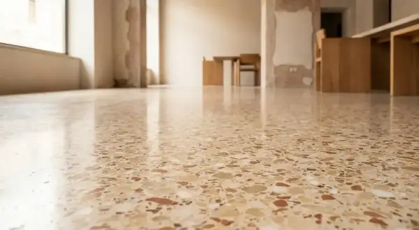 Pavimento lucido in cocciopesto veneziano, con riflessi di luce e mobili in legno sullo sfondo.