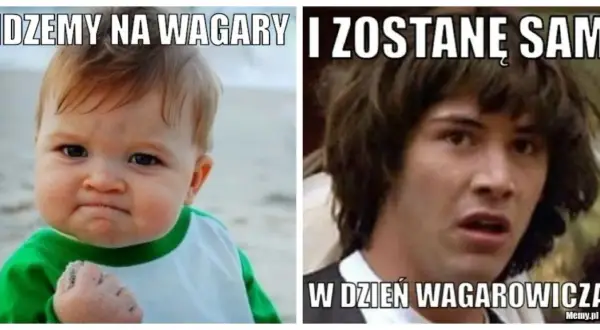 Dziecko z zaciśniętą pięścią cieszy się, że idzie na wagary, podczas gdy Keanu Reeves wygląda na zagubionego, bo zostanie sam.