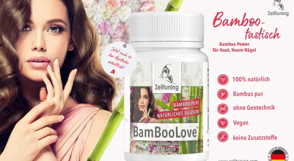 Frau mit vollem Haar und schöner Haut neben einer Dose "BamBooLove". Die positive bambus extrakt wirkung für Haut, Haare und Nägel wird hervorgehoben.