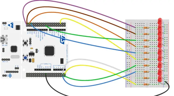Połączenie mikrokontrolera STM32 z płytką stykową i diodami LED za pomocą przewodów. Widać tu wykorzystanie pinów GPIO do sterowania diodami.