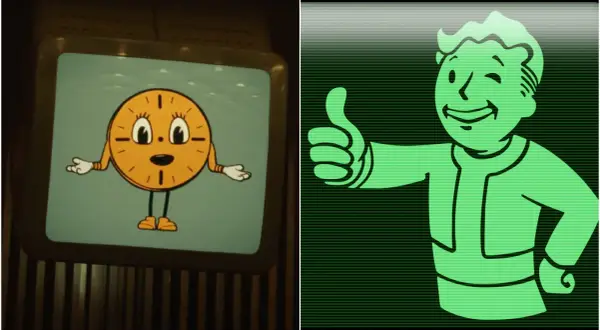 A retro clock character and Vault Boy giving a thumbs-up, both in a distinct fallout art style.