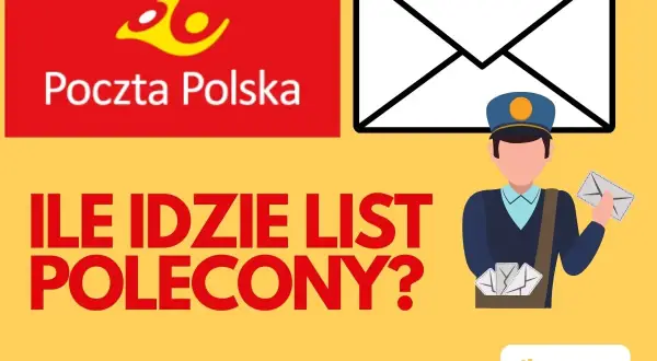 Poczta Polska pyta: ile idzie list polecony? Grafika z listonoszem i kopertami.