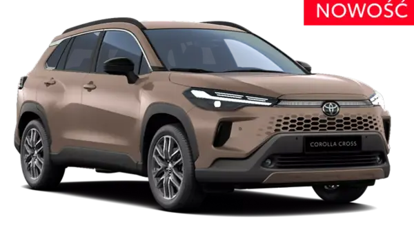 Nowy brązowy Toyota Corolla Cross Hybrid, z napisem "NOWOŚĆ" na czerwonym tle.