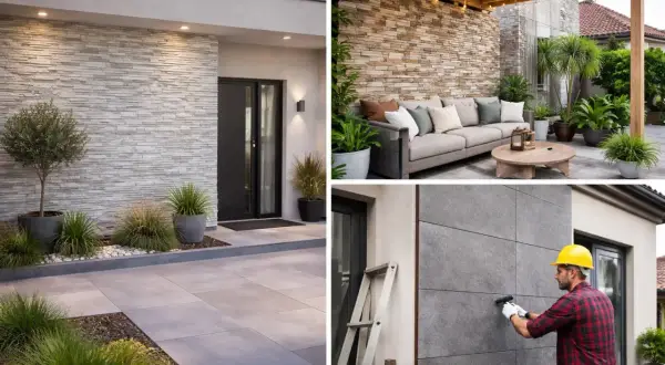 Modern exterior design featuring a stone porch, a cozy patio with a sofa, and a worker installing stone cladding.