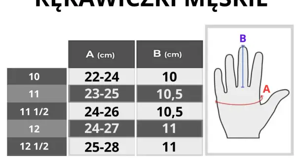 Tabela rozmiarów rękawiczek męskich z pomiarem obwodu dłoni (A) i długości palca środkowego (B).