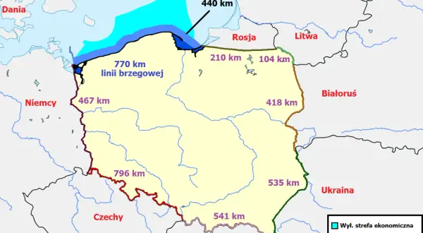 Mapa Polski z zaznaczonymi granicami. Polska ma 770 km linii brzegowej, a jej granica morska to 440 km.