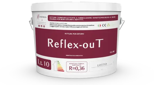Secchio di pittura per esterni "Reflex-out" di Heres. È una pittura termo-riflettente nanotecnologica, un additivo che migliora l'efficienza energetica.