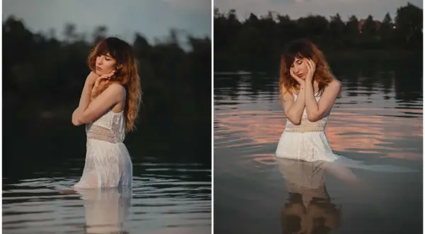 A woman in a white dress stands in water, bathed in the best light for outdoor photos during a serene sunset.