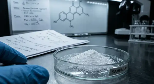 Biały proszek w szalce Petriego, rękawiczka, notatki i wzory chemiczne na tablicy.