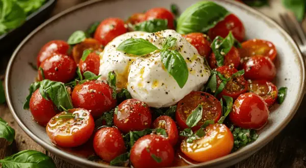 Burrata-Salat mit Kirschtomaten und Basilikum, beträufelt mit Olivenöl und Gewürzen.