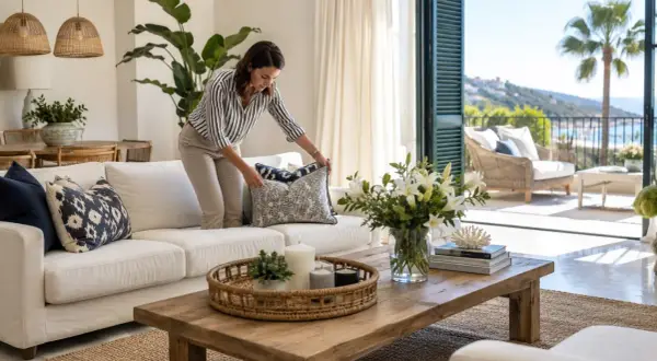 Mujer arregla cojines en sofá blanco, con vistas al mar Mediterráneo, como si estuviera en una casa de **agua dulce Almería**.