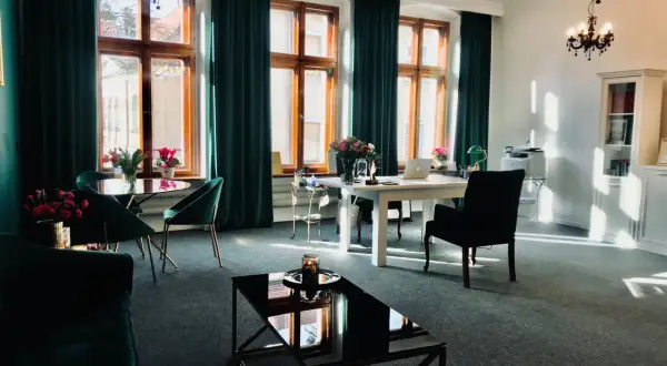 Eleganckie wnętrze biura z oknami, zasłonami, meblami i kwiatami.