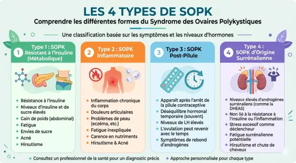 Infographie présentant les 4 types de SOPK : résistant à l'insuline, inflammatoire, post-pilule et d'origine surrénalienne. Un bon sopk traitement dépend du type.