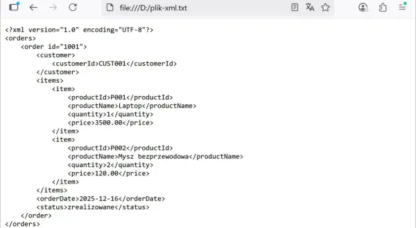 Plik XML z zamówieniem, zawierający laptop i mysz. Dowiedz się, xml czym otworzyć, by zobaczyć szczegóły.