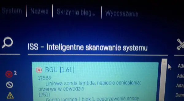 Błąd sondy lambda w BGU [1.6L], p1641: przerwa w obwodzie i niskie wskazania podgrzewania.