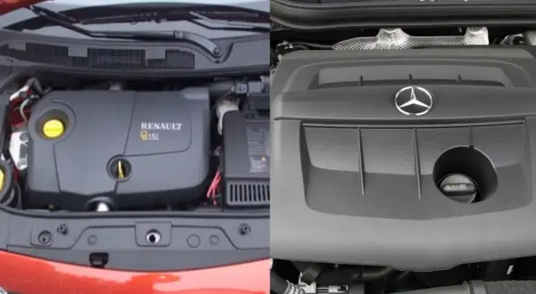 Comparación de motores: un Renault 1.5 gasolina a la izquierda y un motor Mercedes a la derecha.