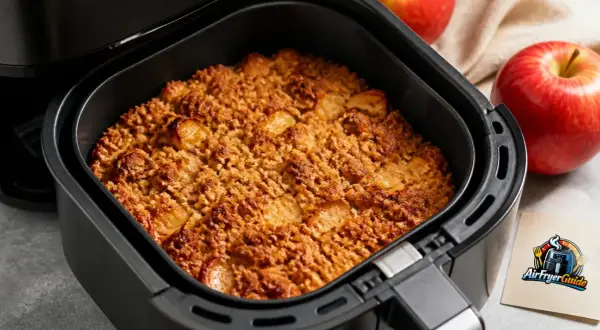 Goldbrauner Apfel Crumble aus dem Airfryer, duftend und lecker. Daneben liegen zwei rote Äpfel.