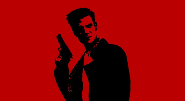 Czarna sylwetka Maxa Payne'a z pistoletem na czerwonym tle. Zapowiedź odświeżonej wersji gry Max Payne remaster.