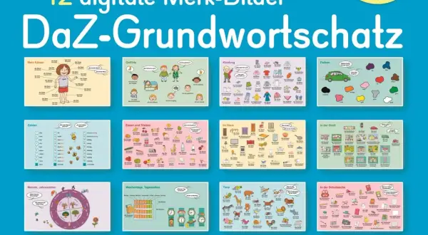 Digitale Merk-Bilder für den DaZ-Grundwortschatz in der Grundschule: Körper, Gefühle, Kleidung, Farben, Zahlen, Essen, Haus, Stadt, Tiere, Monate, Wochentage, Schultasche.