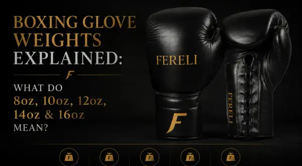 Black boxing gloves with weights explained: 8oz, 10oz, 12oz, 14oz, 16oz.