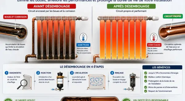 Illustration montrant l'avant et l'après du désembouage plancher chauffant. Un circuit encrassé vs un circuit propre et performant.