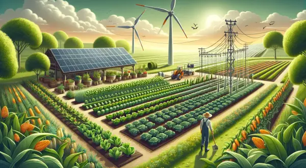 Un contadino lavora in un campo rigoglioso, circondato da pannelli solari, turbine eoliche e colture ordinate. Questo è il significato di agricoltura sostenibile: armonia tra natura e tecnologia per un futuro verde.