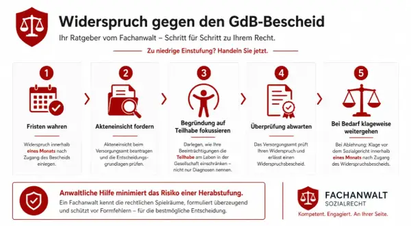 Schritt-für-Schritt-Anleitung: Widerspruch gegen GdB-Bescheid. Was tun, wenn die **schwerbehinderung abgelehnt** wurde? Fristen wahren, Akteneinsicht, Begründung, Prüfung abwarten, klagen.
