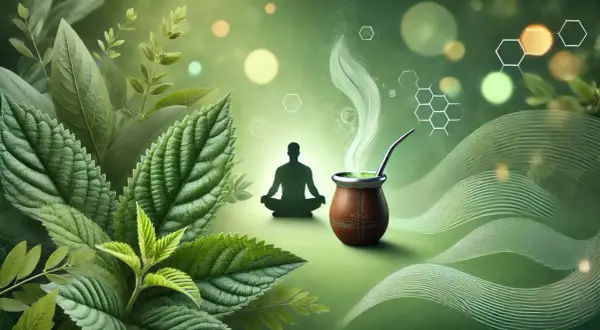 Zielone liście, naczynie z yerba mate i sylwetka medytującej osoby. Obrazek symbolizuje, jak działa yerba mate – połączenie natury, spokoju i energii.
