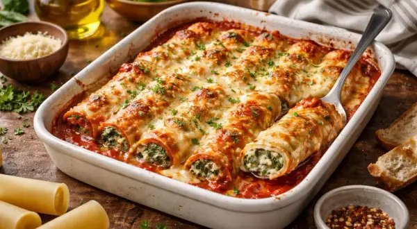 Cannelloni à la viande, gratinés et dorés, baignant dans une sauce tomate savoureuse. Un plat réconfortant prêt à être dégusté.