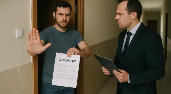 Mężczyzna w drzwiach odmawia przyjęcia dokumentu, pokazując dłoń w geście stop. Obok stoi mężczyzna w garniturze, który prawdopodobnie jest windykatorem.