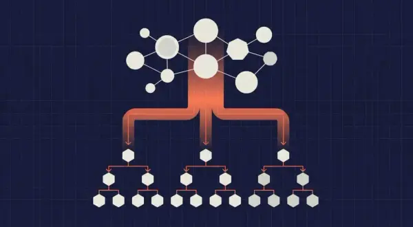 Schéma hiérarchique de nœuds connectés, illustrant la distribution d'informations ou de requêtes, comme dans un système DNS IP.