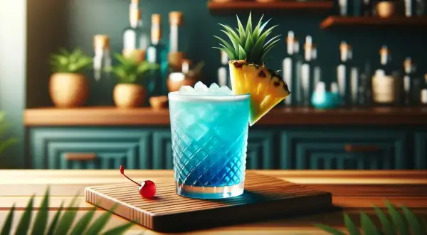 Orzeźwiający drink Blue Hawaii z ananasem i wisienką, idealny na tropikalny wieczór.