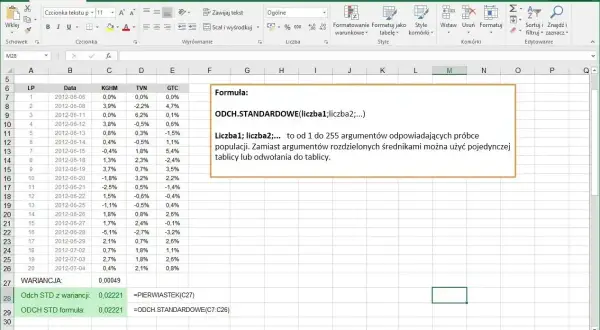 Arkusz kalkulacyjny Excel z danymi i formułą ODCH.STANDARDOWE. Obliczenia w Excelu pokazują mnożenie wartości.