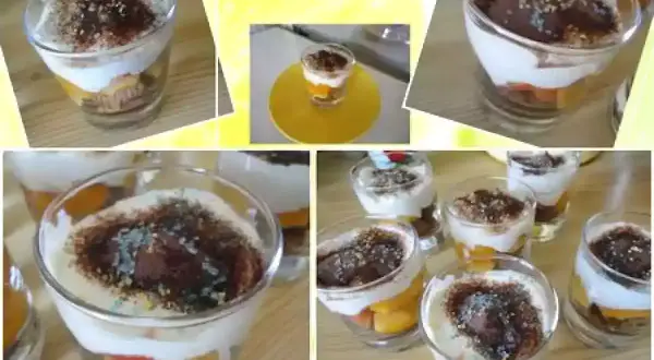 Délicieux tiramisu nectarine en verrines, superposant fruits, crème et cacao. Parfait pour un dessert fruité et gourmand.