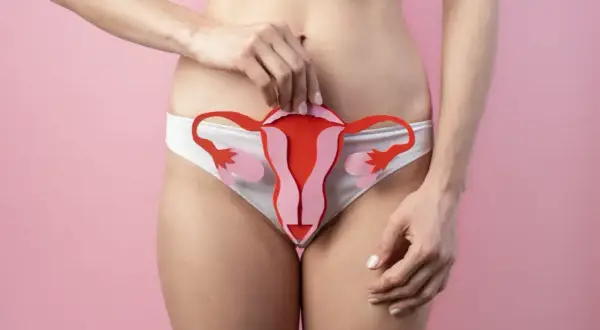 Kobieta trzyma wycięty z papieru model narządów rodnych, ukazujący macicę i jajniki.