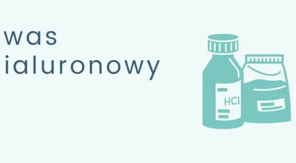 Co to jest kwas hialuronowy? Ilustracja przedstawia butelki z substancjami chemicznymi, w tym jedną z etykietą HCl.